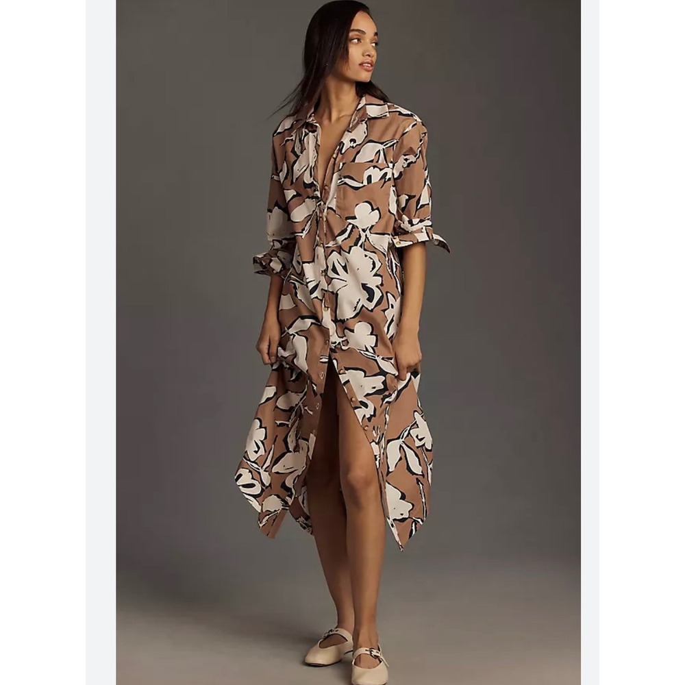 Anthropologie Maeve Soren long sleeve midi shirt dress Size S floral neutral